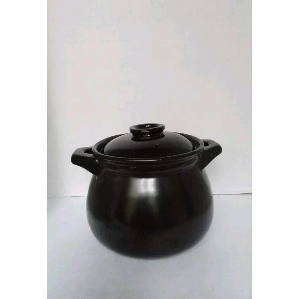 Black‎ Glossy Ceramic Earthenware Pot with Lid and Handles Traditional Stoneware